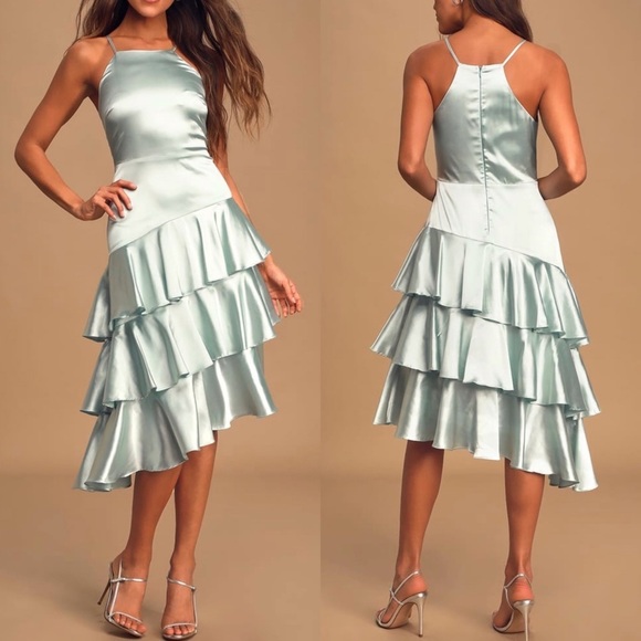 Lulus Dresses & Skirts - Lulu's Mint Satin Tiered Asymmetrical Midi Dress M